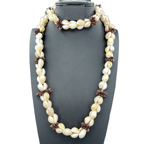 VTG Cowrie Momi Shell Koa Seed Lei Long Necklace - Picture 1 of 7